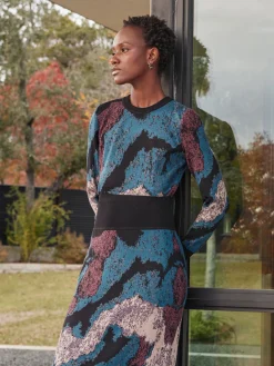 Abstract Sheath Jacquard Knit Maxi Dress