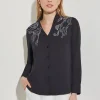 Abstract Stitch Embroidered Button-Front Crepe Blouse