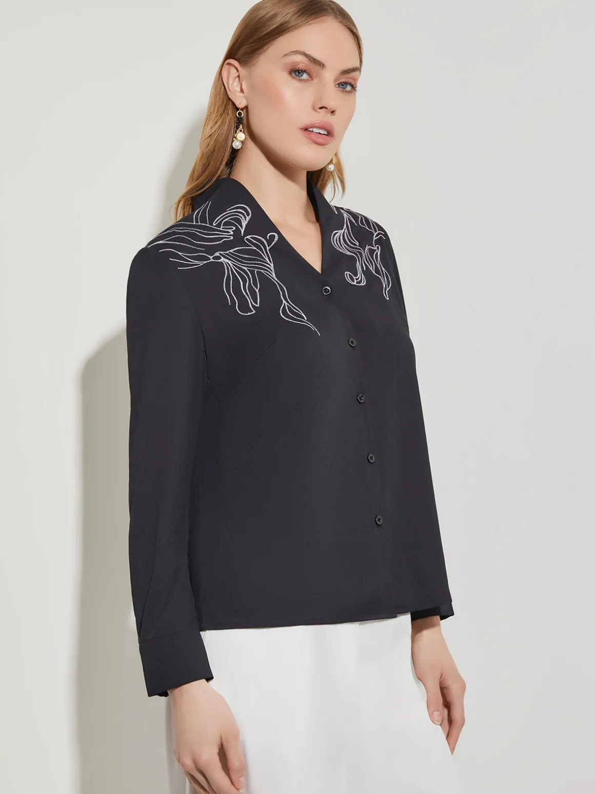 Abstract Stitch Embroidered Button-Front Crepe Blouse