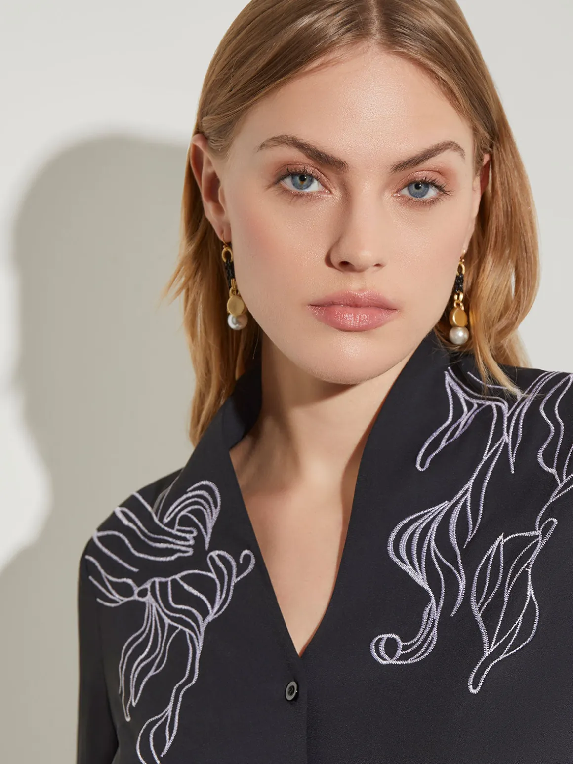 Abstract Stitch Embroidered Button-Front Crepe Blouse