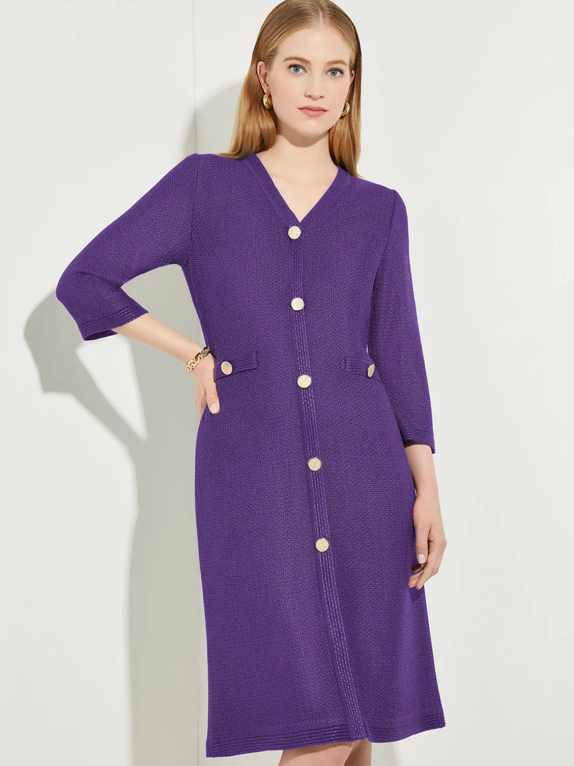 A-Line Button Detail Textured Knit Dress