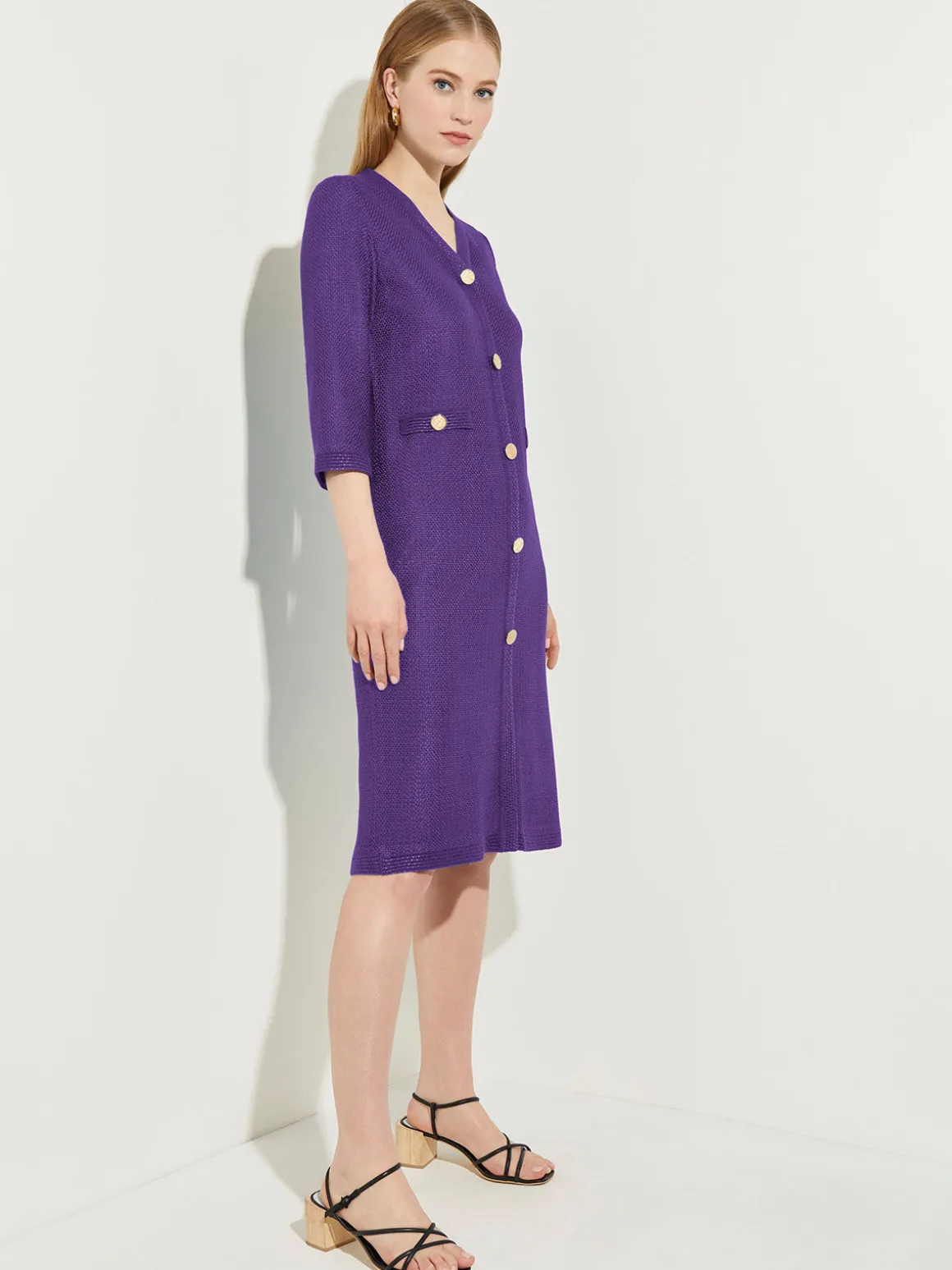 A-Line Button Detail Textured Knit Dress