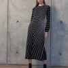 A-Line Melange Striped Soft Knit Midi Dress
