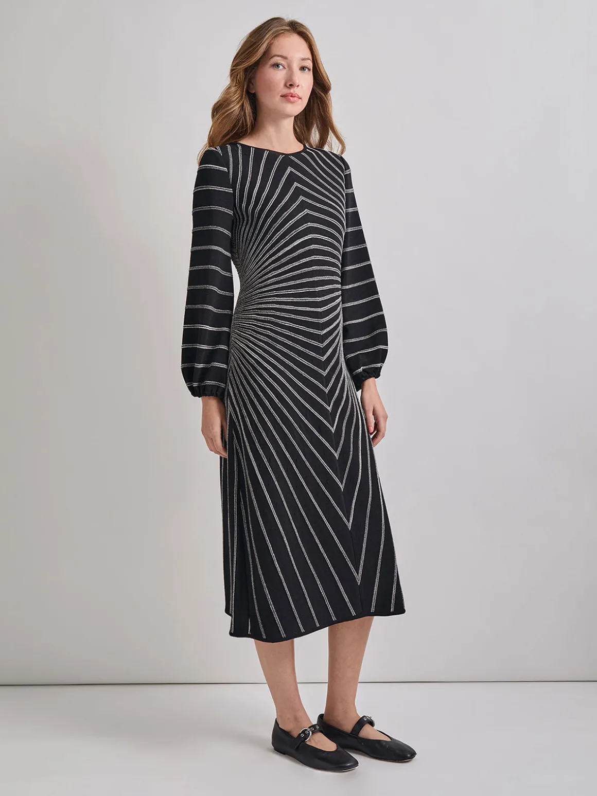 A-Line Melange Striped Soft Knit Midi Dress