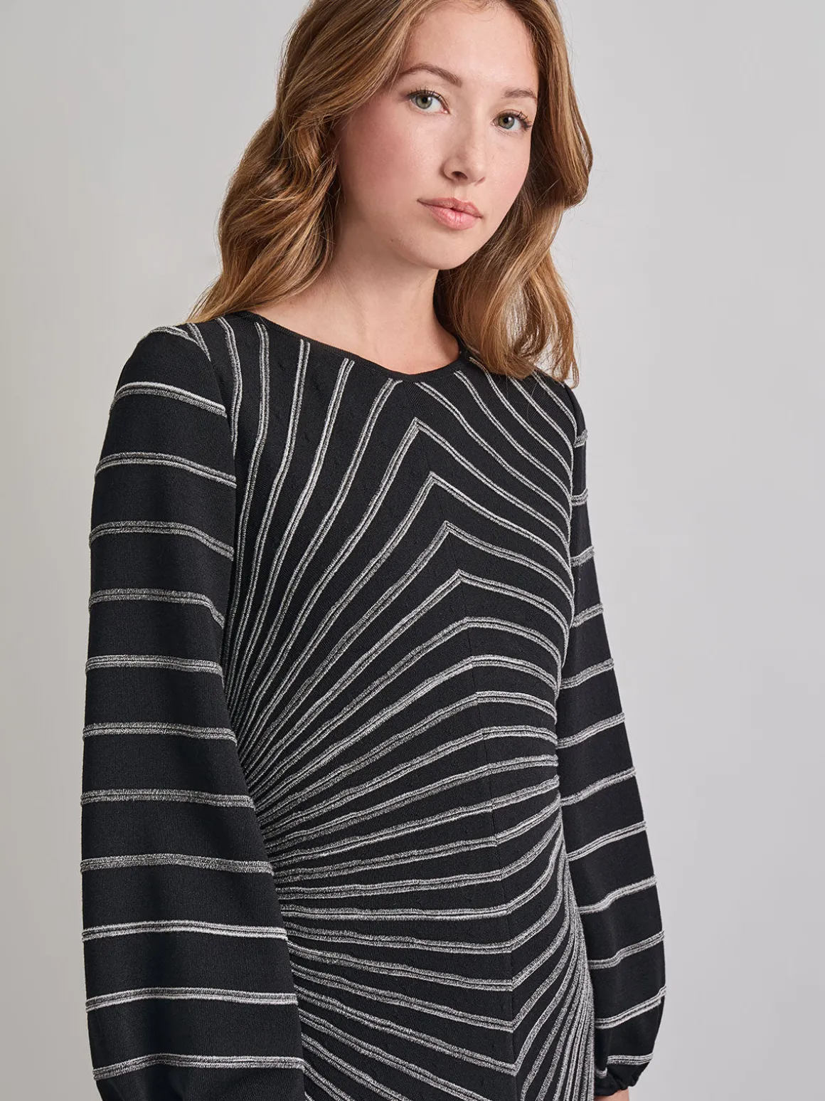 A-Line Melange Striped Soft Knit Midi Dress