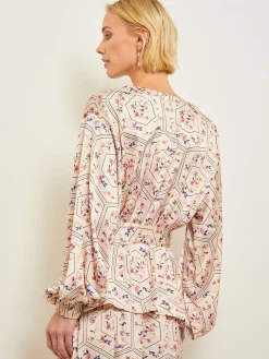 Balloon Sleeve Belted Blouse - Floral Print Crepe de Chine