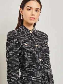 Belted Button Front Tweed Knit Midi Dress
