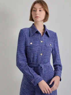 Belted Button Front Tweed Knit Midi Dress