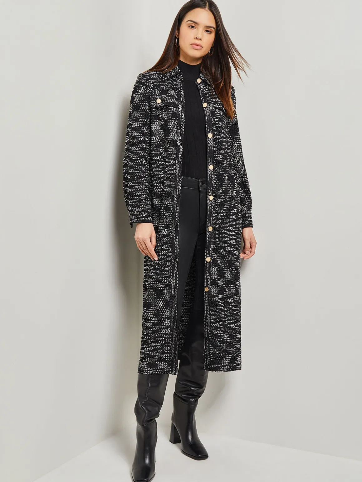 Belted Button Front Tweed Knit Midi Dress
