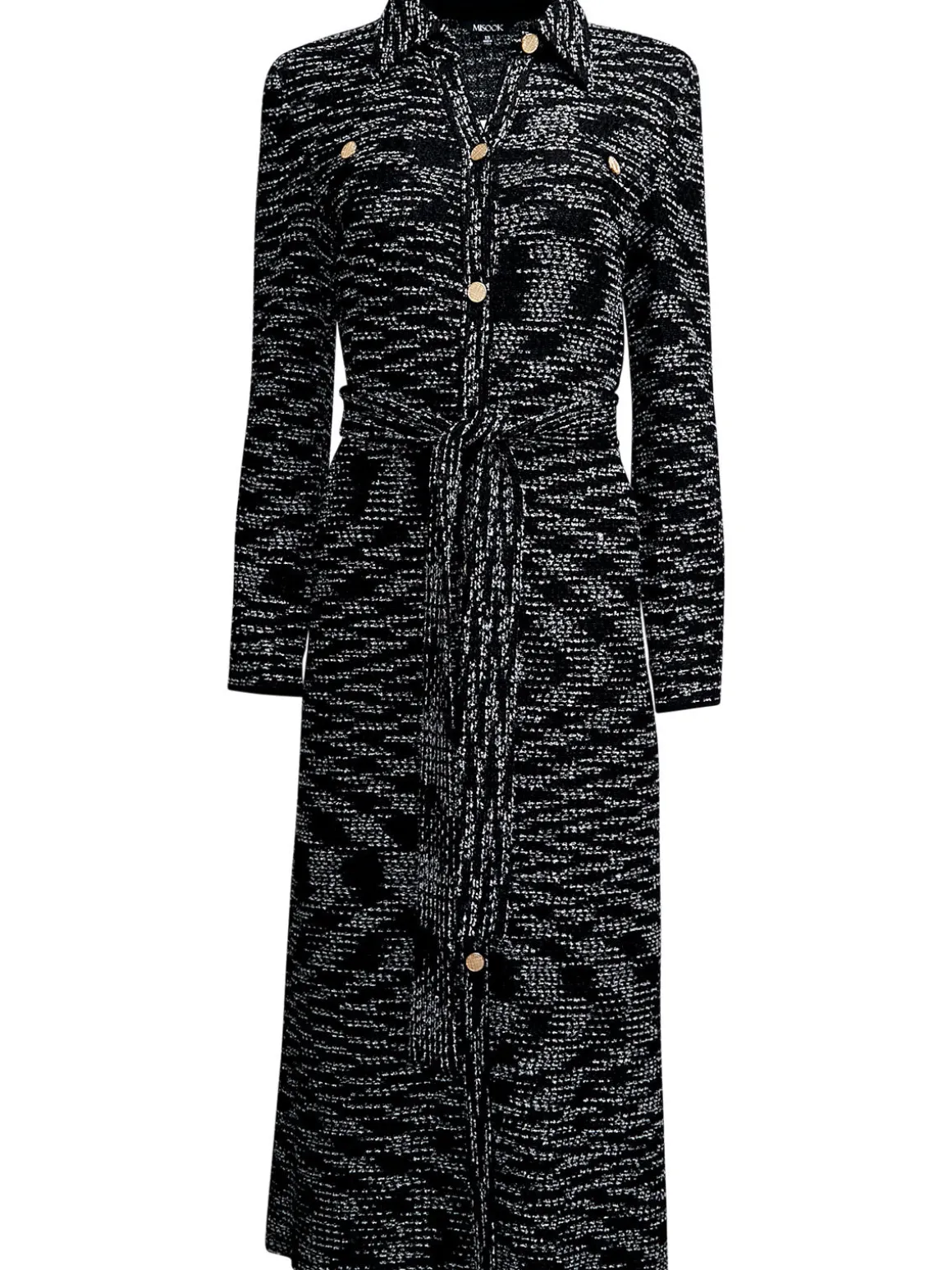 Belted Button Front Tweed Knit Midi Dress