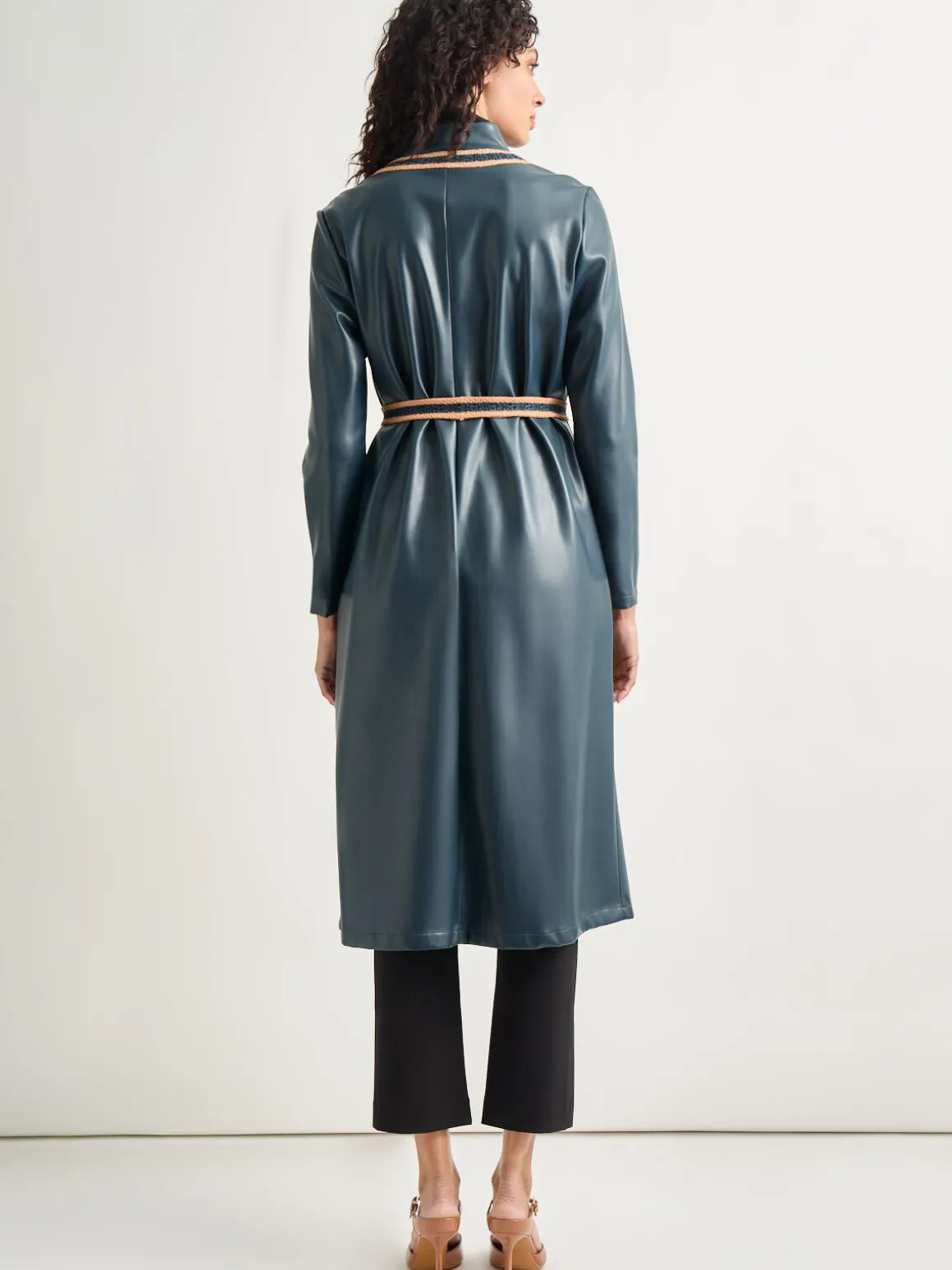 Belted Long Vegan Leather Jacket