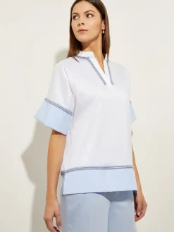 Blouse White Cotton - Split Neck Blouse | Misook
