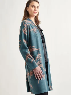 Botanical Print Open Front Long Jacquard Knit Jacket