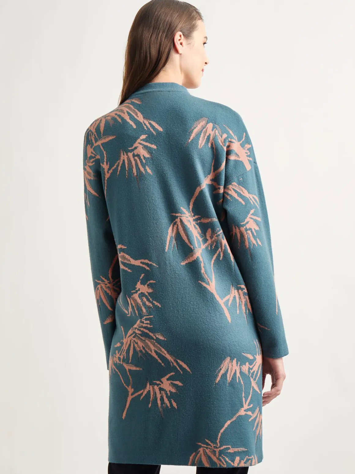 Botanical Print Open Front Long Jacquard Knit Jacket