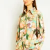 Button Front Blouse - Balloon Sleeve Watercolor Woven