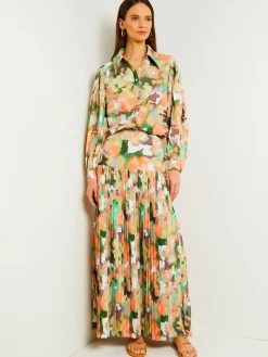 Button Front Blouse - Balloon Sleeve Watercolor Woven