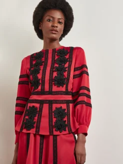 Crepe de Chine Floral Lace Peplum Blouse