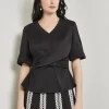 Crossover Peplum Blouse - Puff Sleeve Woven