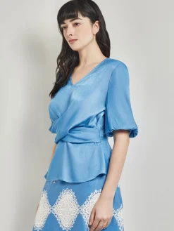 Crossover Peplum Blouse - Puff Sleeve Woven