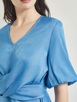 Crossover Peplum Blouse - Puff Sleeve Woven