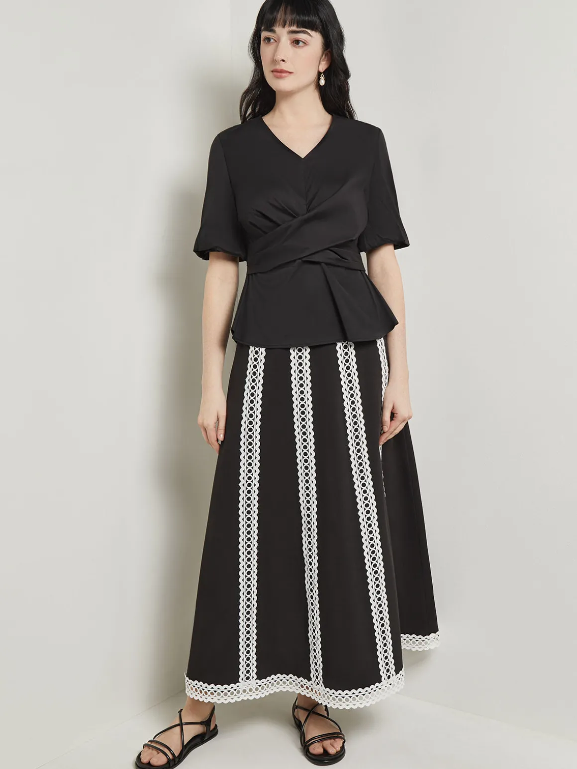 Crossover Peplum Blouse - Puff Sleeve Woven