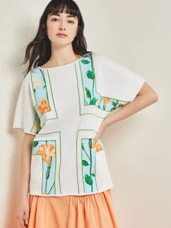 Dolman Sleeve Boat Neck Tunic - Cotton Floral Panel Soft Knit