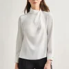 Draped Crepe de Chine Mock Neck Blouse