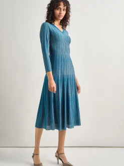 Fit-and-Flare Linear Textured Knit Midi Dress