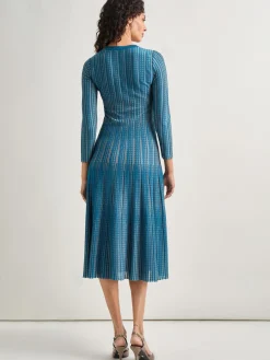 Fit-and-Flare Linear Textured Knit Midi Dress