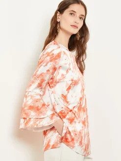 Flounce Sleeve Blouse - Jewel Neck Print Crepe de Chine