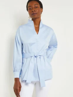 Funnel Neck Belted Cotton Blouse