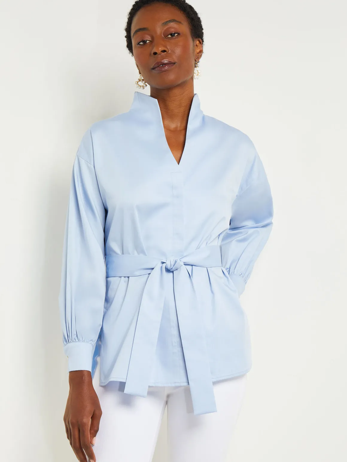 Funnel Neck Belted Cotton Blouse