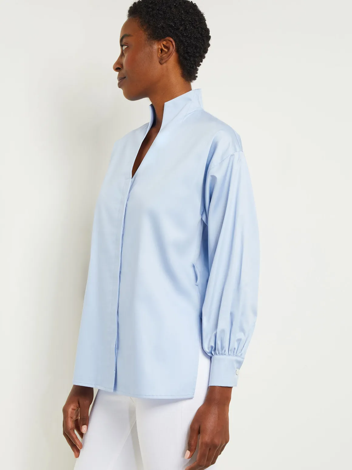 Funnel Neck Belted Cotton Blouse