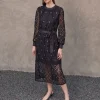 Gold Grommet Laced Shift Midi Dress