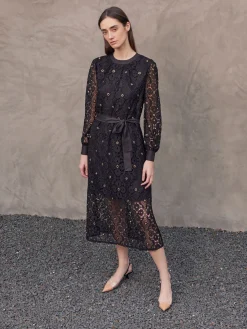 Gold Grommet Laced Shift Midi Dress