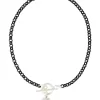 Handmade Black Rolo Link Toggle Necklace with Cotton Pearl Pendant