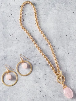 Handmade Rose Quartz Pendant Toggle Chain Necklace