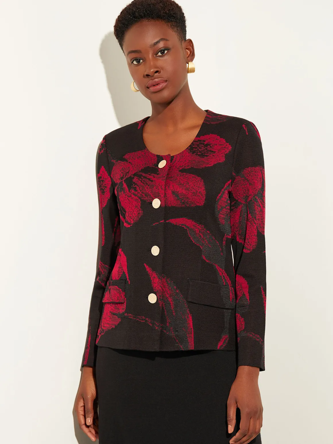 Heritage Fit Floral Button-Front Knit Jacket