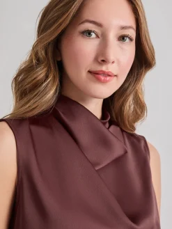 High Neck Draped Crepe de Chine Blouse
