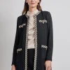 Jewel Neck Contrast Trim Cable Knit Jacket