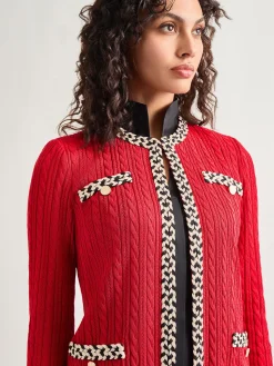 Jewel Neck Contrast Trim Cable Knit Jacket