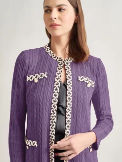 Jewel Neck Contrast Trim Cable Knit Jacket