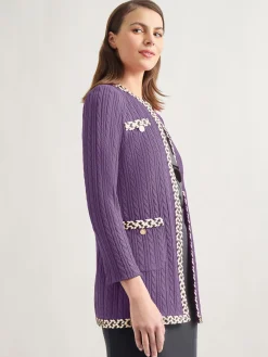 Jewel Neck Contrast Trim Cable Knit Jacket