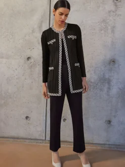 Jewel Neck Contrast Trim Cable Knit Jacket