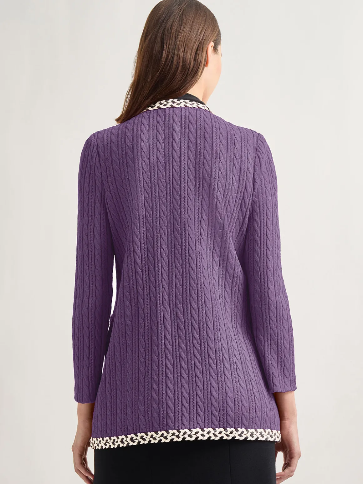 Jewel Neck Contrast Trim Cable Knit Jacket