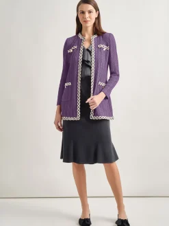 Jewel Neck Contrast Trim Cable Knit Jacket