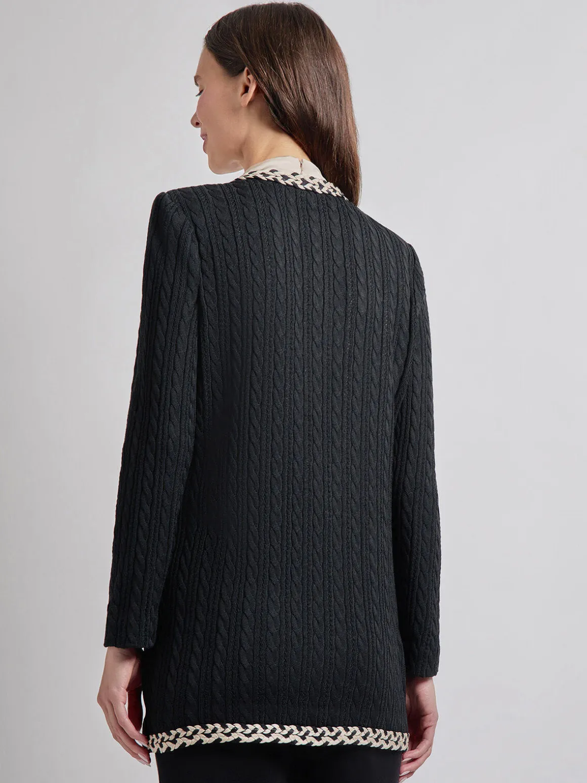 Jewel Neck Contrast Trim Cable Knit Jacket