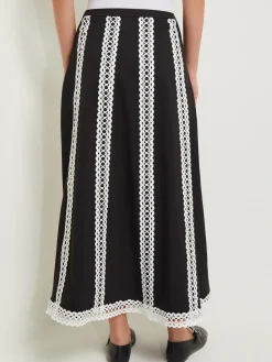 Maxi A-Line Skirt - Eyelet Trim Woven Twill