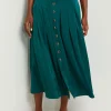Maxi Button Front A-Line Skirt - Pleated Woven