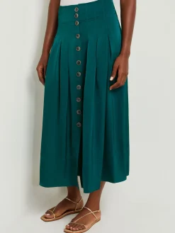 Maxi Button Front A-Line Skirt - Pleated Woven
